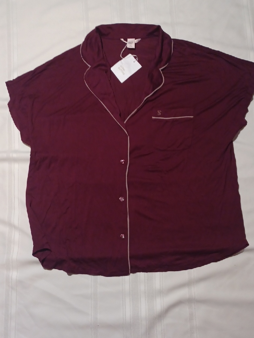 NWTVictoria's Secret Short Sleeve Pajama Top in Deep Burgundy with Contrast Trim